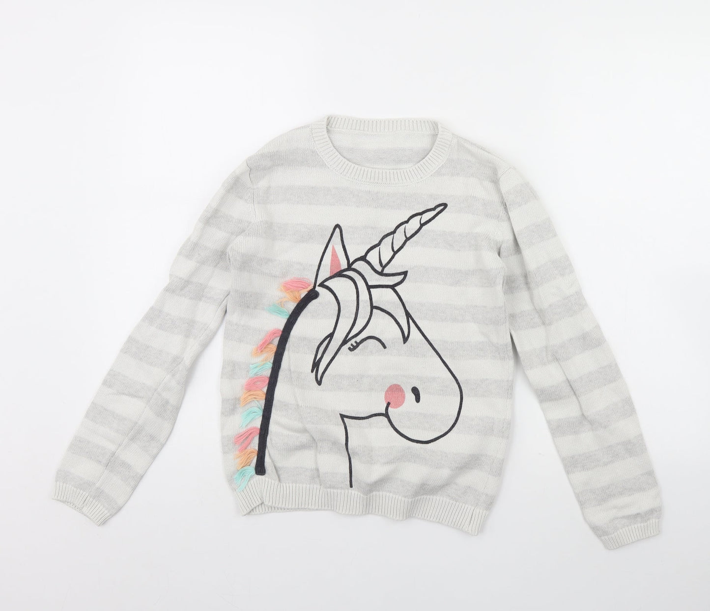 Nutmeg Girls Grey Striped  Pullover Jumper Size 12 Years  - Unicorn