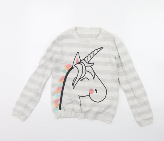 Nutmeg Girls Grey Striped  Pullover Jumper Size 12 Years  - Unicorn