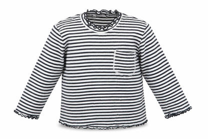 Front view of FR girls’ blue striped basic t-shirt, size 18-24, months