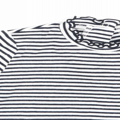 Close-up detail of FR girls’ blue striped basic t-shirt, size 18-24, months