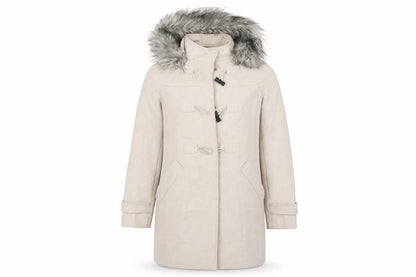 Front view of ASOS women’s beige overcoat coat, size UK 10