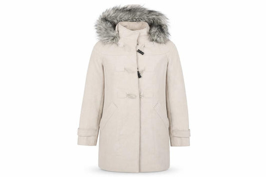 Front view of ASOS women’s beige overcoat coat, size UK 10