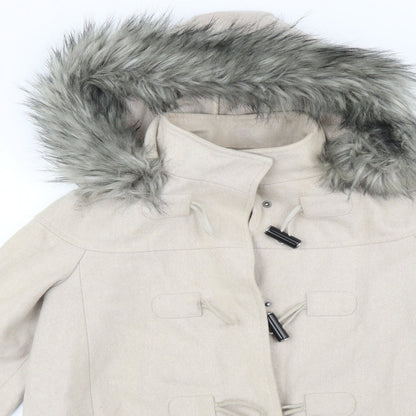 Close-up detail of ASOS women’s beige overcoat coat, size UK 10