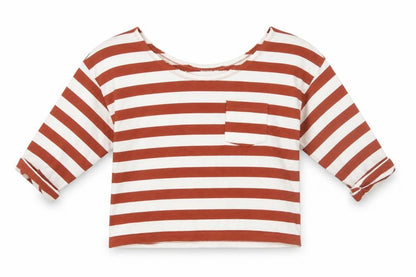 Front view of ASOS women’s brown striped basic t-shirt, size UK 8