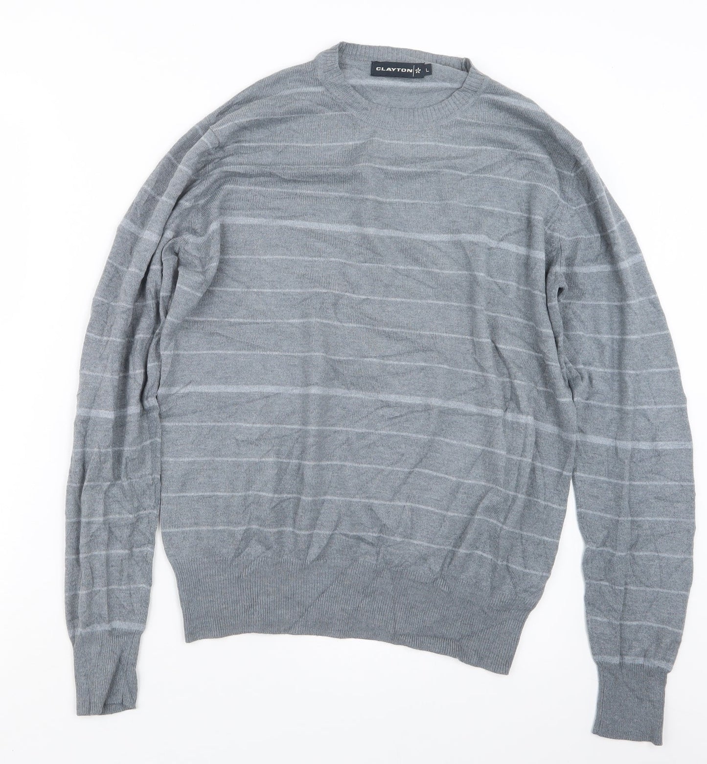 Clayton Mens Grey Striped Knit Pullover Jumper Size L