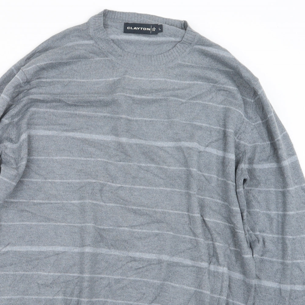 Clayton Mens Grey Striped Knit Pullover Jumper Size L