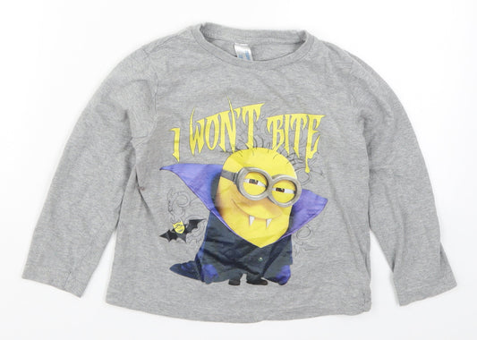 Preworn Boys Grey Solid   Pyjama Top Size 5-6 Years  - Minions I Won't Bite