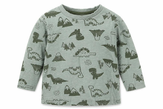 Front view of Matalan boys’ green basic t-shirt, size 9-12, months - dinosaurs