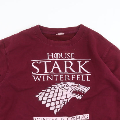 Close-up detail of Awdis women’s purple pullover sweatshirt, size M, - game of thrones