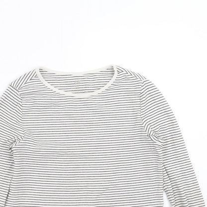 Close-up detail of H&M girls’ white striped basic t-shirt, size 10-11, years