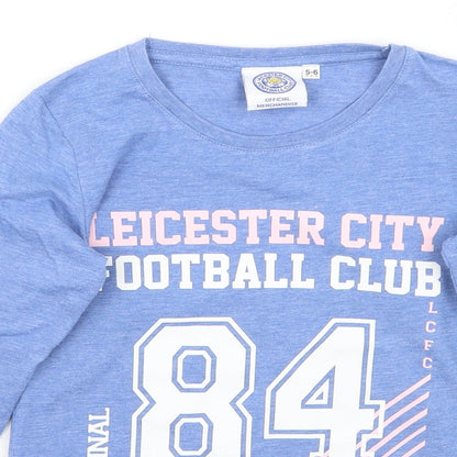 Close-up detail of leister city girls’ blue basic t-shirt, size 5-6, years