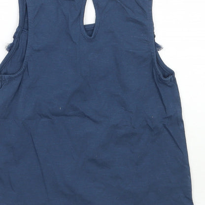 Brand and care label for Tu girls’ blue striped basic tank, size 8, years