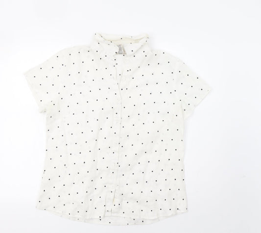 Edward Womens White Polka Dot  Basic Button-Up Size L