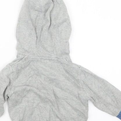 Brand and care label for Tu boys’ grey knit jumper, size 6-9, months