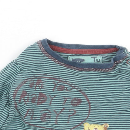 Close-up detail of Tu boys’ green striped basic t-shirt, size 6-9, months