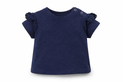 Front view of Very girls’ blue basic t-shirt, size 6-9, months
