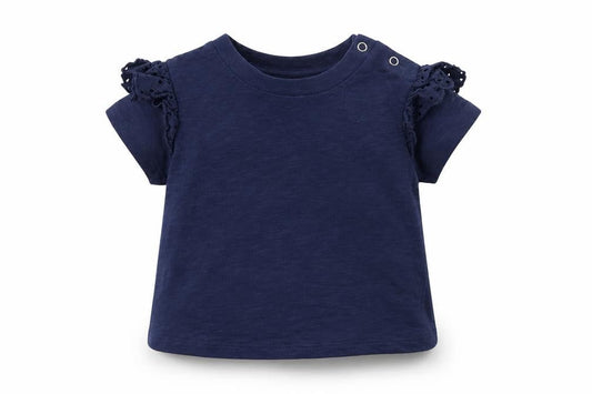 Front view of Very girls’ blue basic t-shirt, size 6-9, months