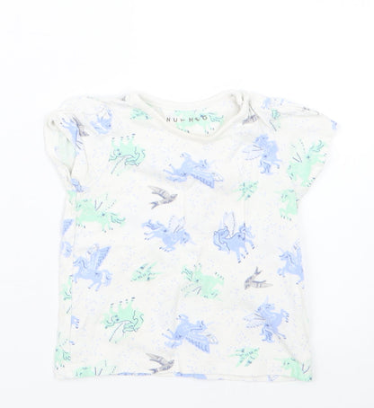 Front view of Nutmeg girls’ blue geometric basic t-shirt, size 6-9, months - unicorn