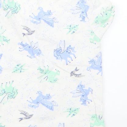 Brand and care label for Nutmeg girls’ blue geometric basic t-shirt, size 6-9, months - unicorn
