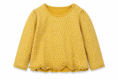 Front view of Tu girls’ yellow geometric basic t-shirt, size 3-6, months