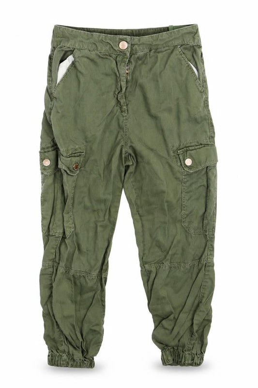 Front view of Next boys’ green cargo trousers, size 9, months