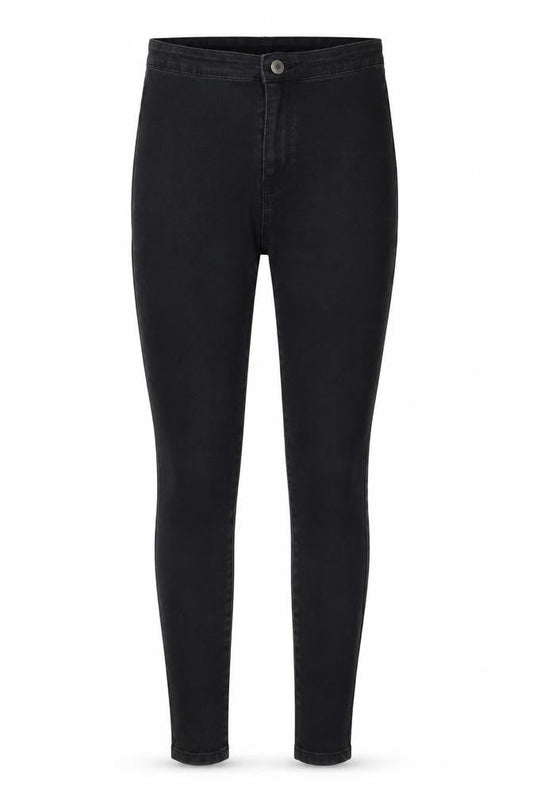 Front view of Denim & Co. women’s black denim skinny jeans, size UK 8, 28-inch leg
