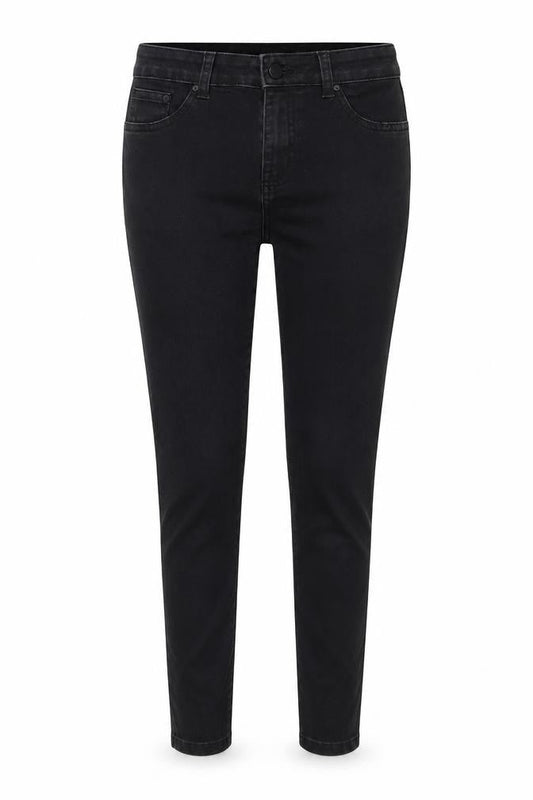 Front view of Denim & Co. women’s black denim skinny jeans, size UK 8, 24-inch leg
