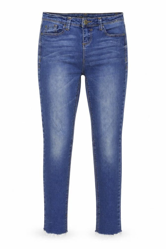 Front view of Denim & Co. women’s blue denim skinny jeans, size UK 8, 26-inch leg