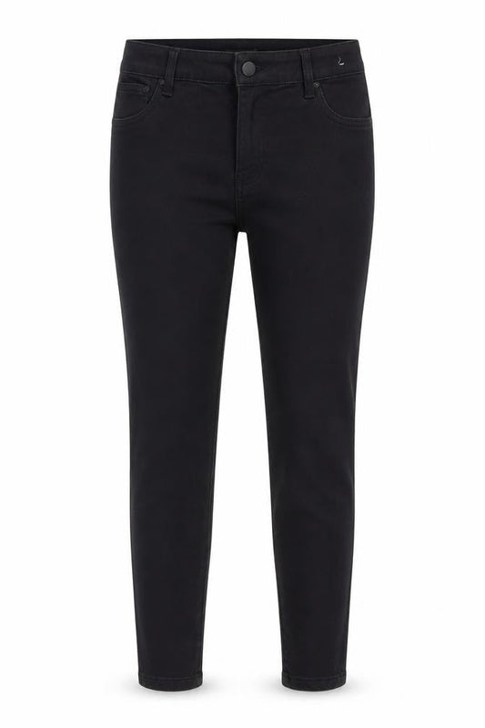 Front view of Denim & Co. women’s black denim skinny jeans, size UK 14, 27-inch leg