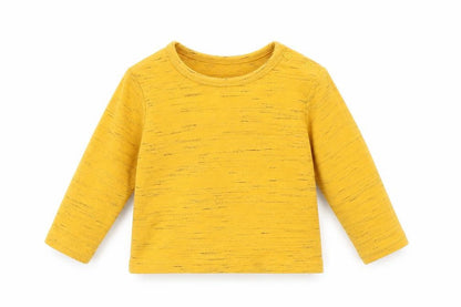Front view of F&F girls’ yellow basic t-shirt, size 9-12, months