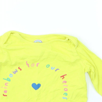 Close-up detail of F&F girls’ yellow basic t-shirt, size 9-12, months