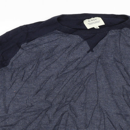 Close-up detail of Easy men’s blue jumper, size M
