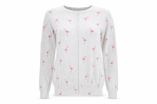 Front view of Atmosphere women’s grey cardigan jumper, size UK 10, - flamingo print