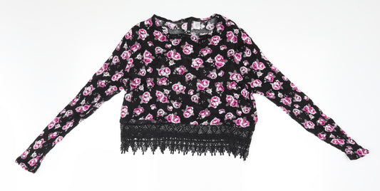 Divided Womens Black Floral  Pullover Jumper Size XS