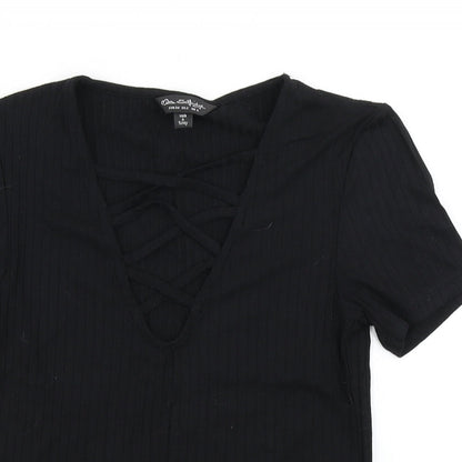 Close-up detail of Miss Selfridge women’s black cropped t-shirt, size UK 6