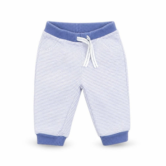 Front view of Matalan boys’ blue striped sweatpants, size 3-6, months