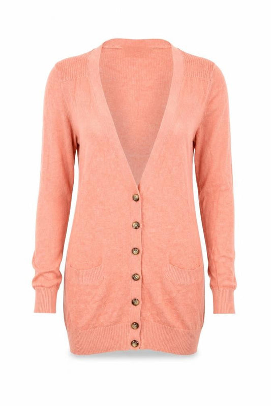 Front view of Miss Selfridge women’s pink knit cardigan jumper, size UK 8