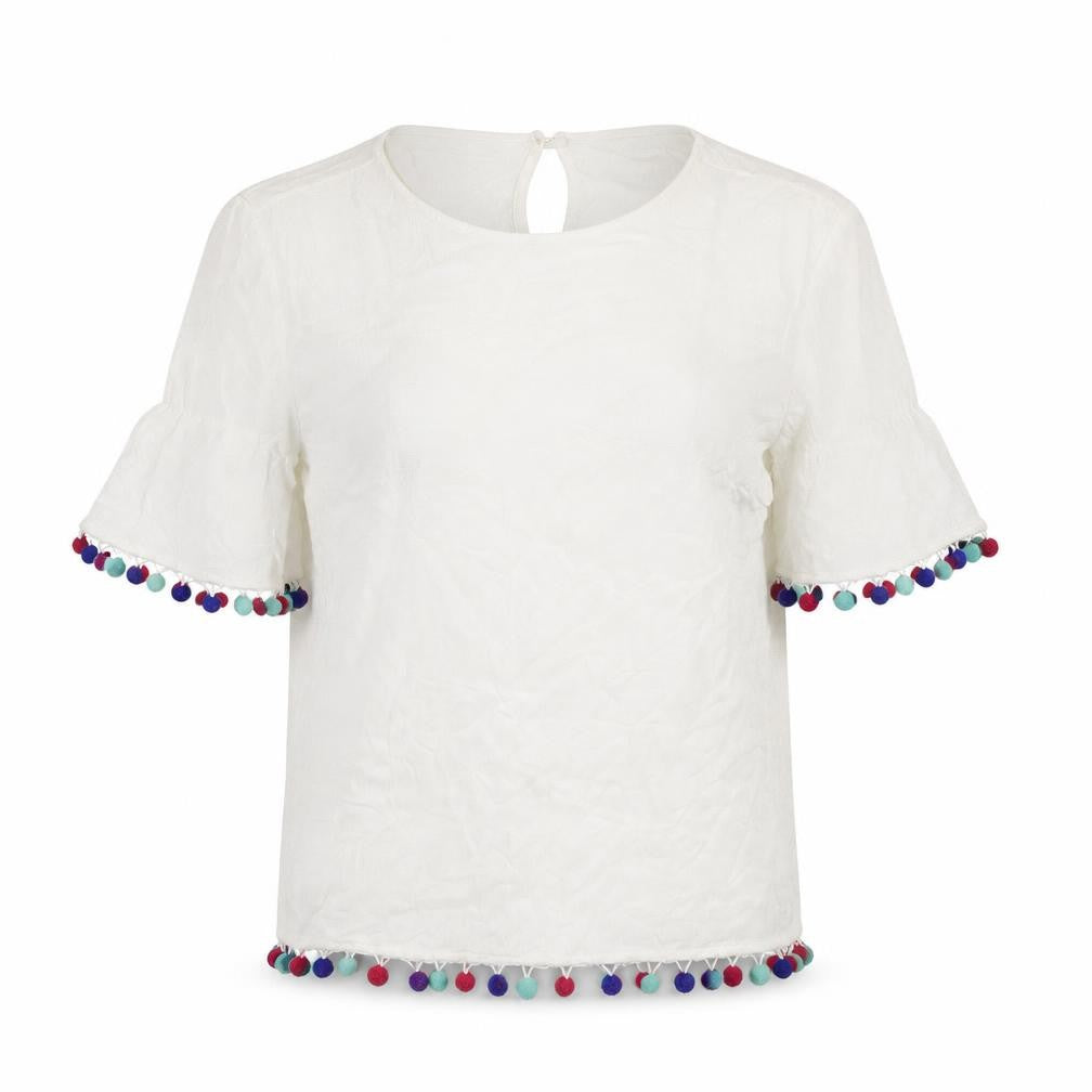 George Womens White   Basic Blouse Size 10  - pom pom detail