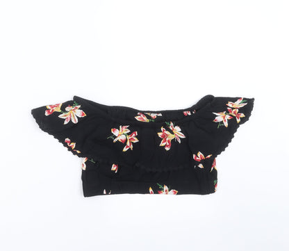 Back view of Miss Selfridge women’s black floral cropped blouse, size UK 8