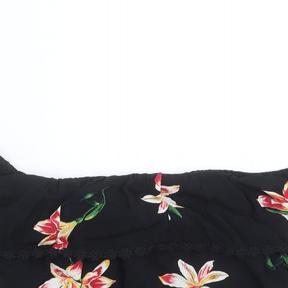 Close-up detail of Miss Selfridge women’s black floral cropped blouse, size UK 8