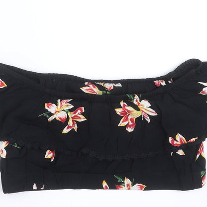 Brand and care label for Miss Selfridge women’s black floral cropped blouse, size UK 8