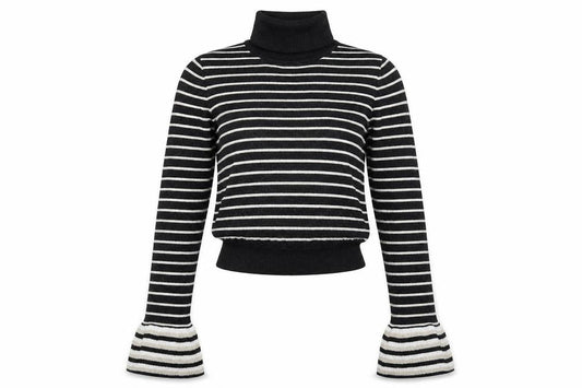 Front view of Absolutely women’s black striped basic t-shirt, size S