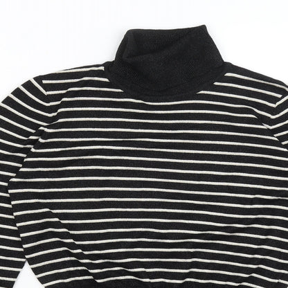 Close-up detail of Absolutely women’s black striped basic t-shirt, size S