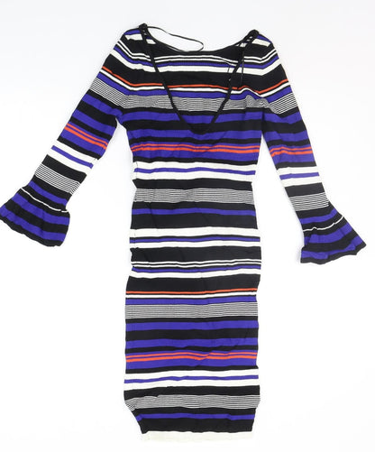 Additional front view of Miss Selfridge women’s blue striped a-line, size UK 10