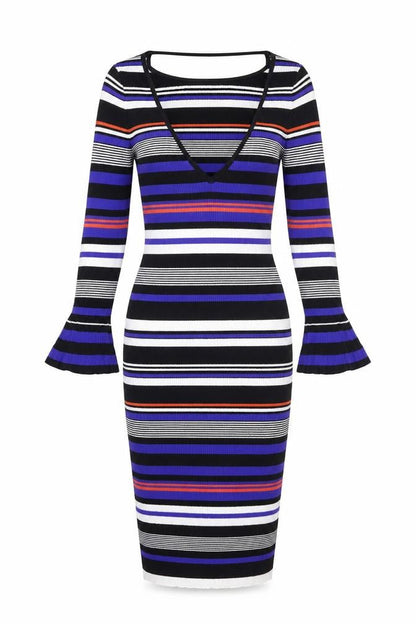 Front view of Miss Selfridge women’s blue striped a-line, size UK 10