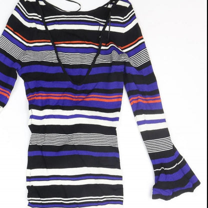 Close-up detail of Miss Selfridge women’s blue striped a-line, size UK 10