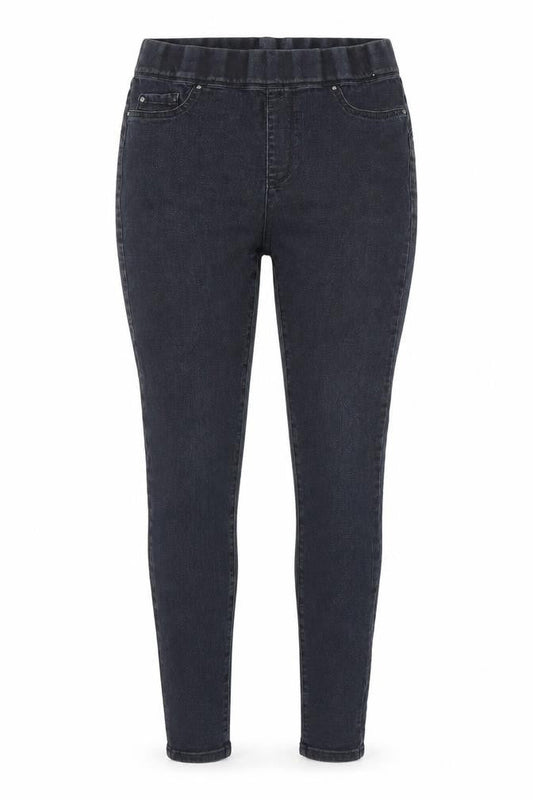 Front view of Denim & Co. women’s black denim skinny jeans, size UK 12, 29-inch leg