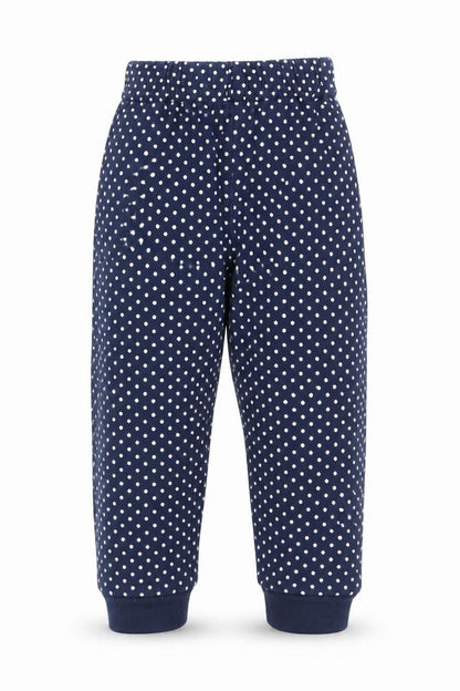 Front view of BHS girls’ blue polka dot pyjama pants, size 12-18, months
