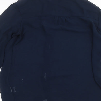 Brand and care label for Atmosphere women’s blue basic button-up, size UK 8