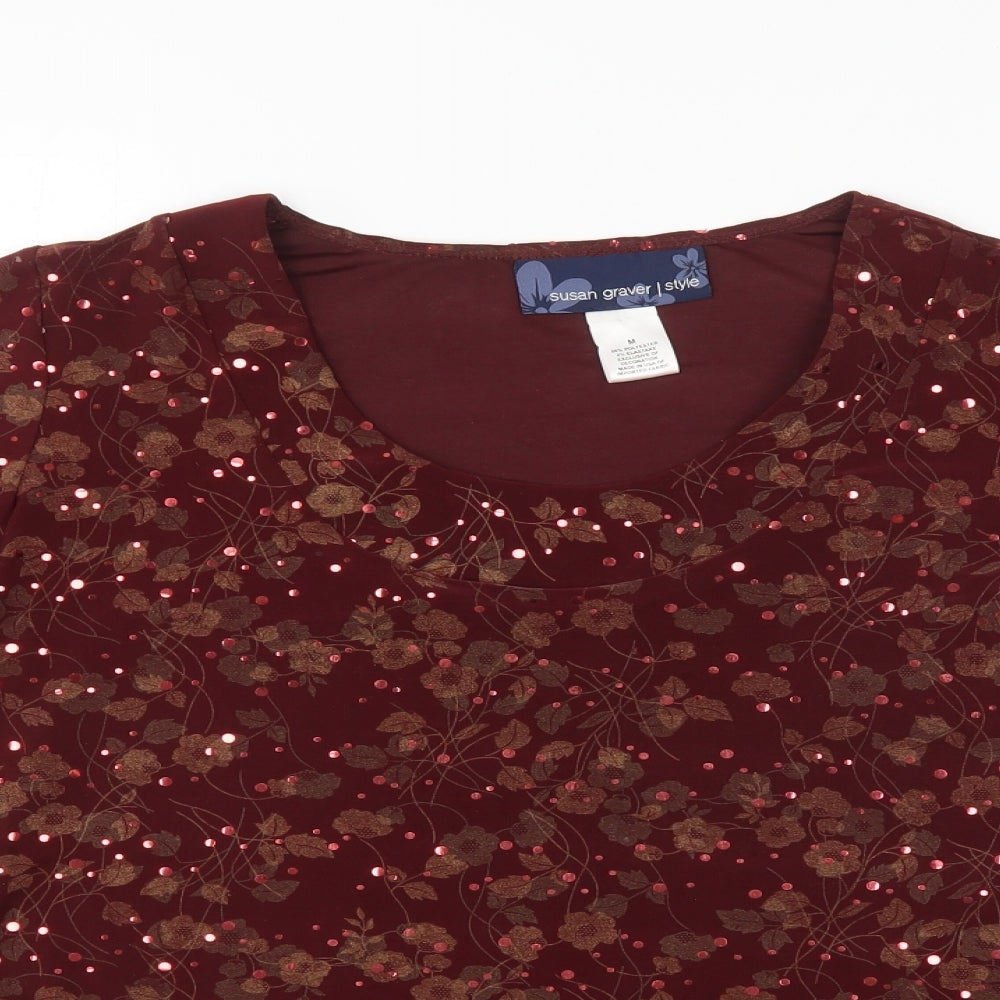 Susan Graver Womens Red Floral  Basic  Size M
